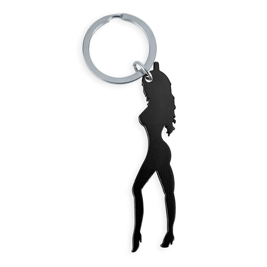 DIABLO PICANTE - PORTE-CLÉS AVEC SILHOUETTE FÉMININE DE COULEUR NOIRE AVEC DÉCAPOTE-BIÈRE