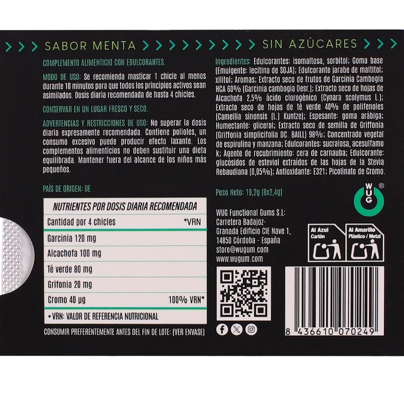 WUG DIET - Chewing-gum fonctionnel sans sucre à la menthe, plaquette thermoformée de 8 pièces