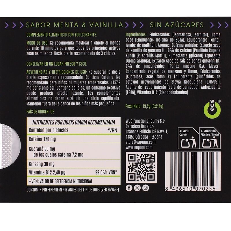WUG ON - GOMME FONCTIONNELLE À LA CAFÉINE ET AU GUARANA, SAVEUR MENTHE ET VANILLE, PLAQUETTE DE 8 COMPRIMÉS