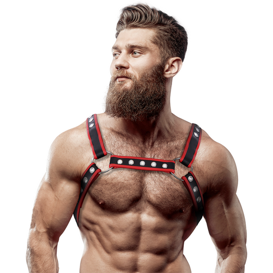 FETISH SUBMISSIVE ATTITUDE - HARNAIS DE POITRINE BULLDOG EN CUIR ÉCOLOGIQUE POUR HOMMES NOIR/ROUGE