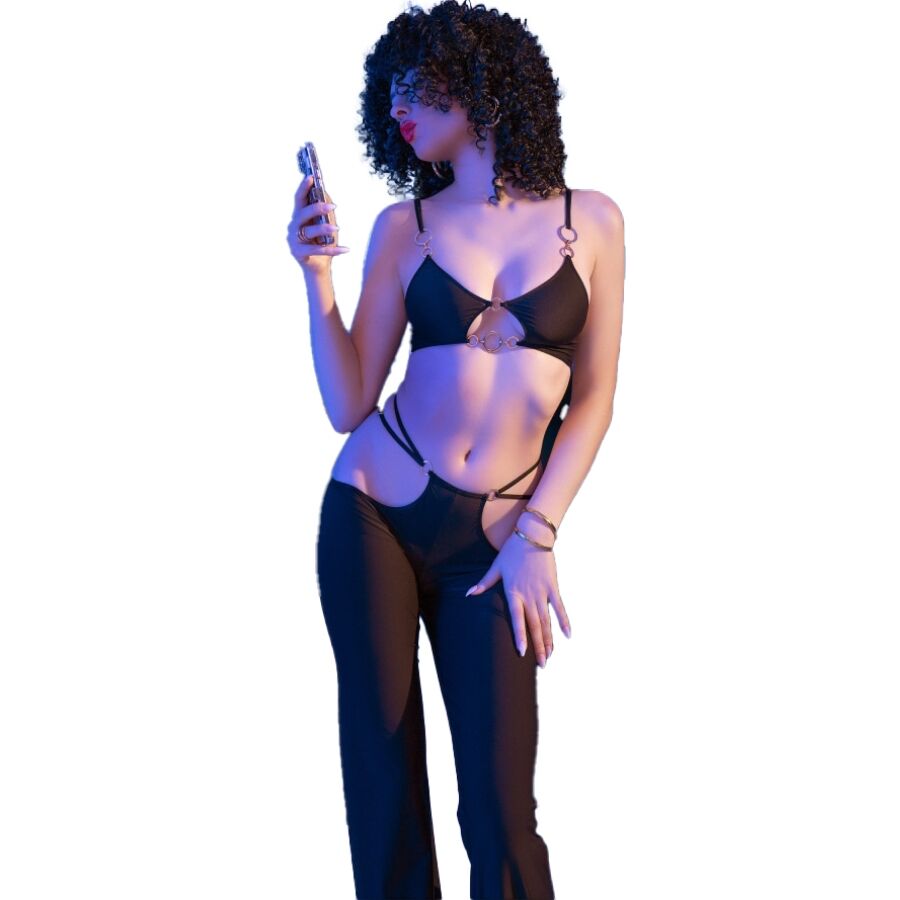 CHILIROSE - CR 4851 ENSEMBLE TOP ET LEGGINGS NOIRS AVEC ACCESSOIRES DORÉS S