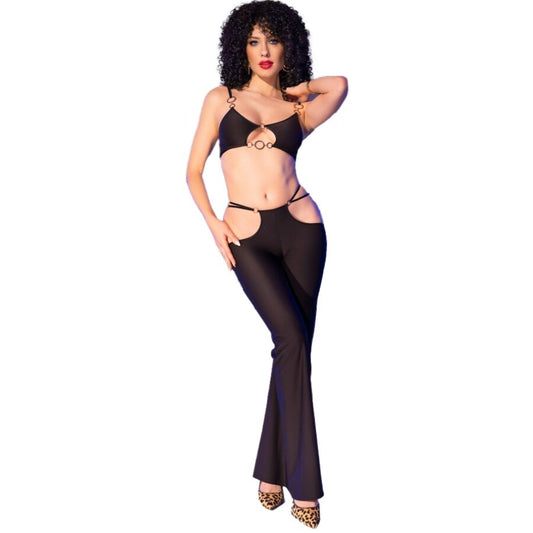 CHILIROSE - CR 4851 ENSEMBLE TOP ET LEGGINGS NOIRS AVEC ACCESSOIRES DORÉS M