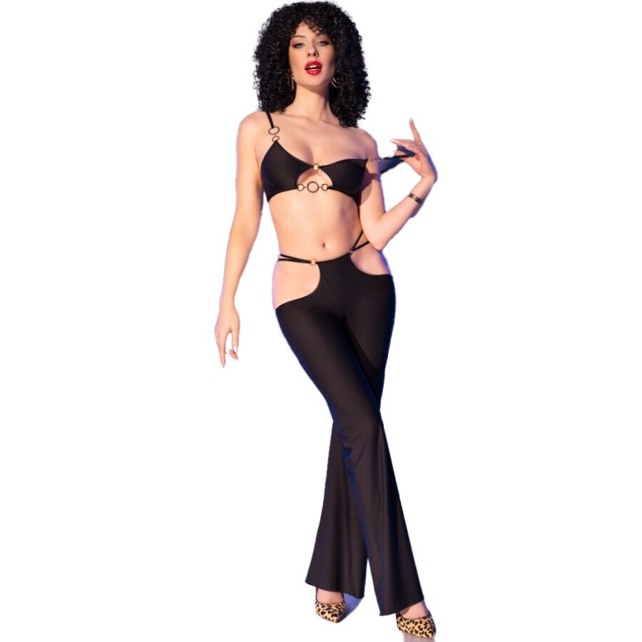 CHILIROSE - CR 4851 ENSEMBLE TOP ET LEGGINGS NOIRS AVEC ACCESSOIRES DORÉS M