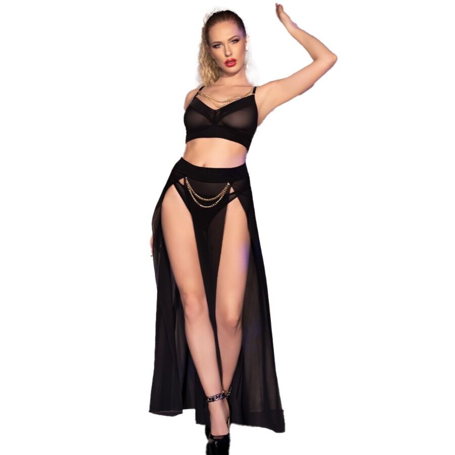 CHILIROSE - CR 4672 JUPE TOP NOIRE ET STRING AVEC CHAÎNES DORÉ L