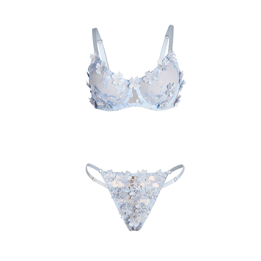 SUBBLIME - 957629 ENSEMBLE SOUTIEN-GORGE ET CULOTTE BRODÉS DE FLEURS BLEU CIEL S/M