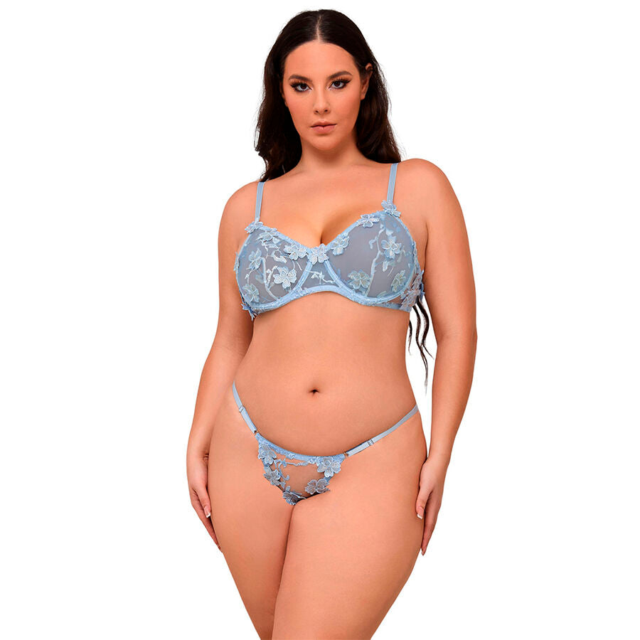 SUBBLIME - 957636 ENSEMBLE SOUTIEN-GORGE ET CULOTTE BRODÉS DE FLEURS BLEU CIEL L/XL