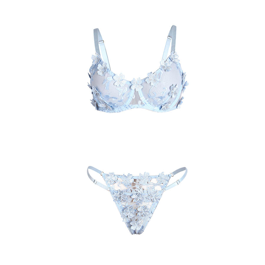 SUBBLIME - 957636 ENSEMBLE SOUTIEN-GORGE ET CULOTTE BRODÉS DE FLEURS BLEU CIEL L/XL