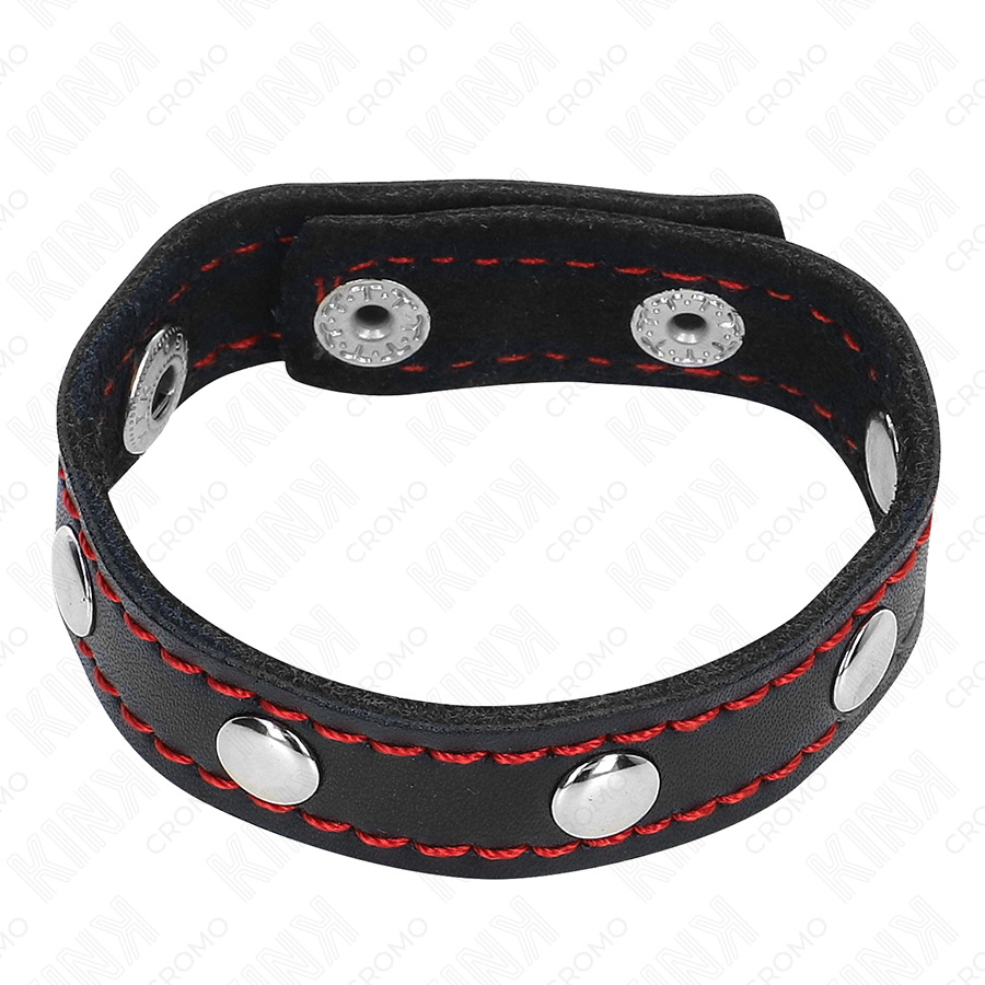 KINK - ANNEAU PÉNIS EN CUIR AVEC FERMETURE À PRESSION DOUBLURE ROUGE 21 X 1,5 CM