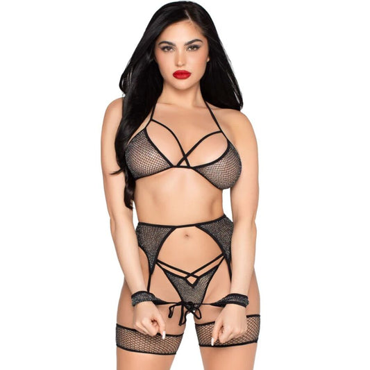LEG AVENUE - 89362 ENSEMBLE HAUT + STRING + PORTE-JARRETELLES + MENOTTES NOIR - TAILLE UNIQUE