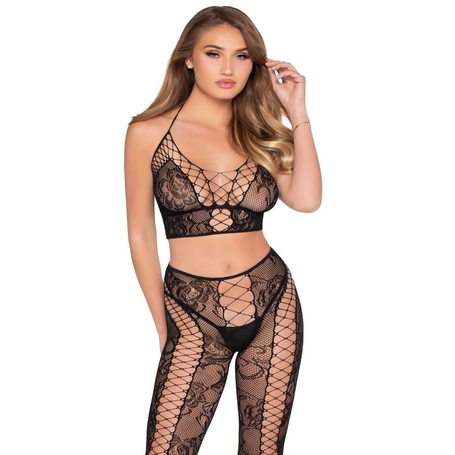 LEG AVENUE - 89368 ENSEMBLE CROP TOP ET COLLANTS NOIRS EN RÉSILLE ET DENTELLE - TAILLE UNIQUE