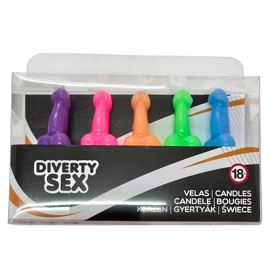 DIABLO PICANTE - BOÎTE DE 5 BOUGIES EN FORME DE PÉNIS DE DIFFÉRENTES COULEURS