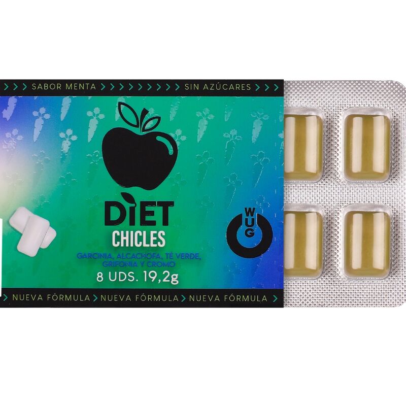 WUG DIET - Chewing-gum fonctionnel sans sucre à la menthe, plaquette thermoformée de 8 pièces