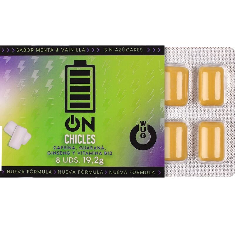 WUG ON - GOMME FONCTIONNELLE À LA CAFÉINE ET AU GUARANA, SAVEUR MENTHE ET VANILLE, PLAQUETTE DE 8 COMPRIMÉS