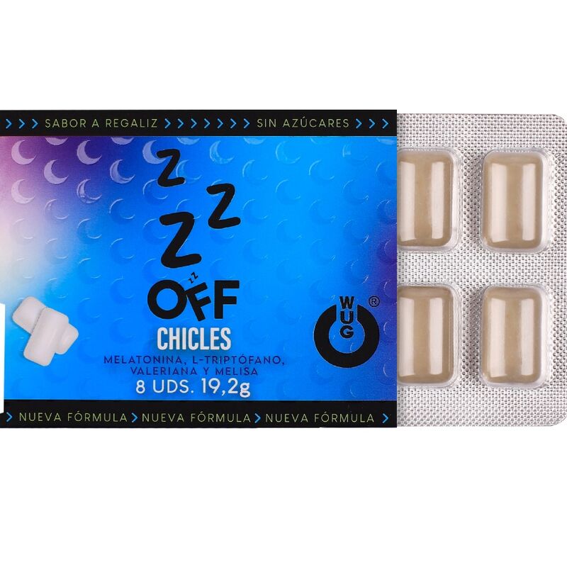 WUG OFF - Chewing-gum fonctionnel à la mélatonine et à la valériane, saveur réglisse, plaquette thermoformée de 8 pièces