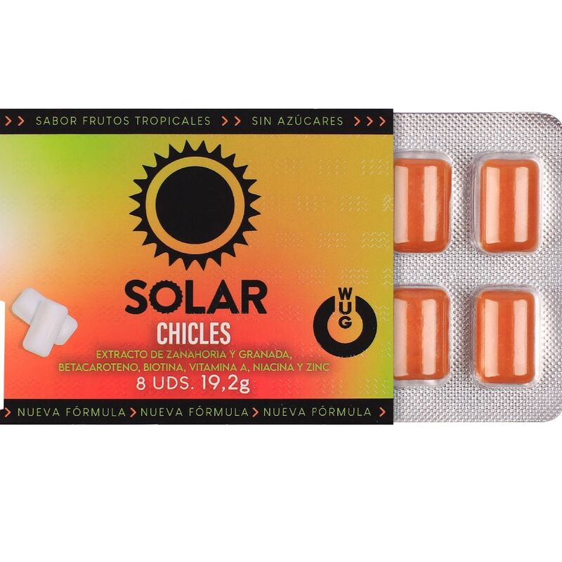 WUG SOLAR - Chewing-gum fonctionnel aux vitamines et au zinc, saveur fruits tropicaux, plaquette thermoformée de 8 unités