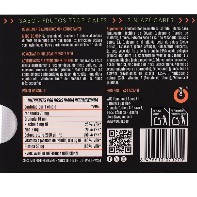 WUG SOLAR - Chewing-gum fonctionnel aux vitamines et au zinc, saveur fruits tropicaux, plaquette thermoformée de 8 unités