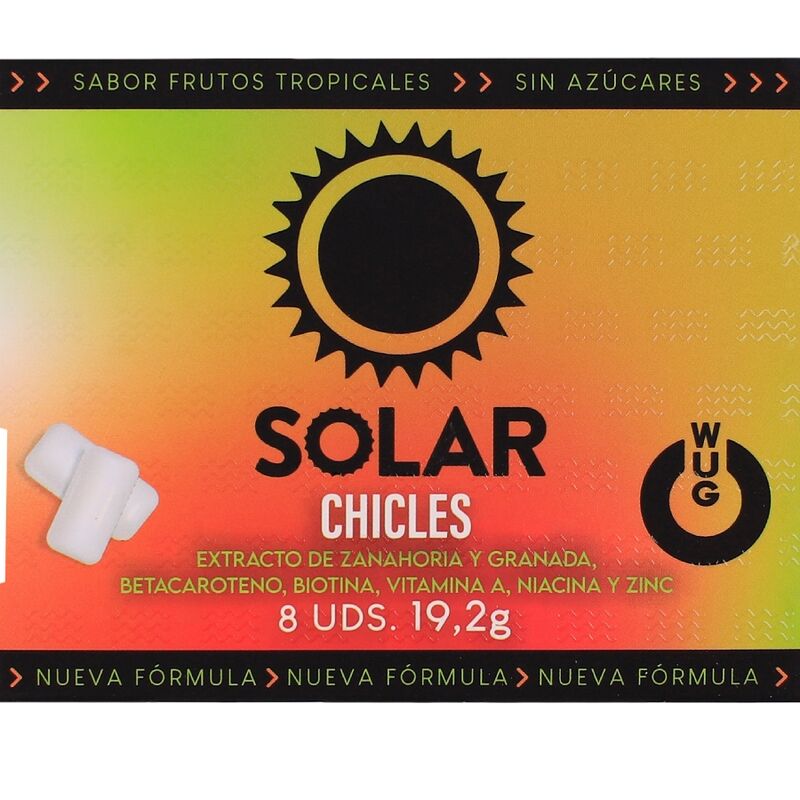 WUG SOLAR - Chewing-gum fonctionnel aux vitamines et au zinc, saveur fruits tropicaux, plaquette thermoformée de 8 unités