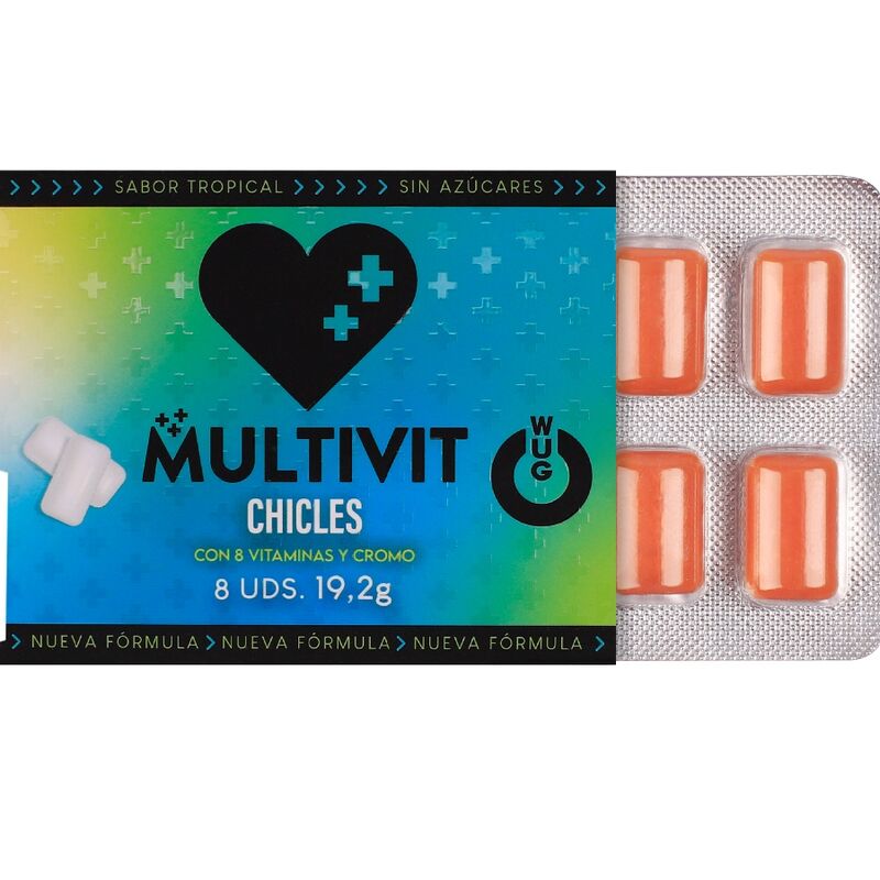 WUG MULTIVIT - GOMME À MÂCHER MULTIVITAMINES FONCTIONNELLES, SAVEUR TROPICALE, PLAQUETTE DE 8 PIÈCES