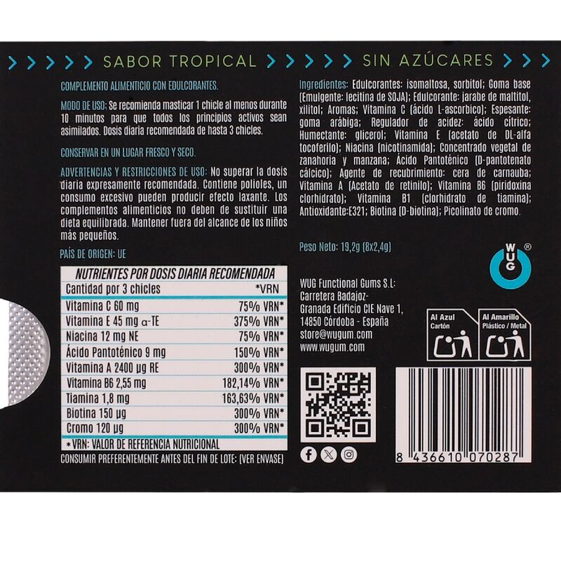 WUG MULTIVIT - GOMME À MÂCHER MULTIVITAMINES FONCTIONNELLES, SAVEUR TROPICALE, PLAQUETTE DE 8 PIÈCES