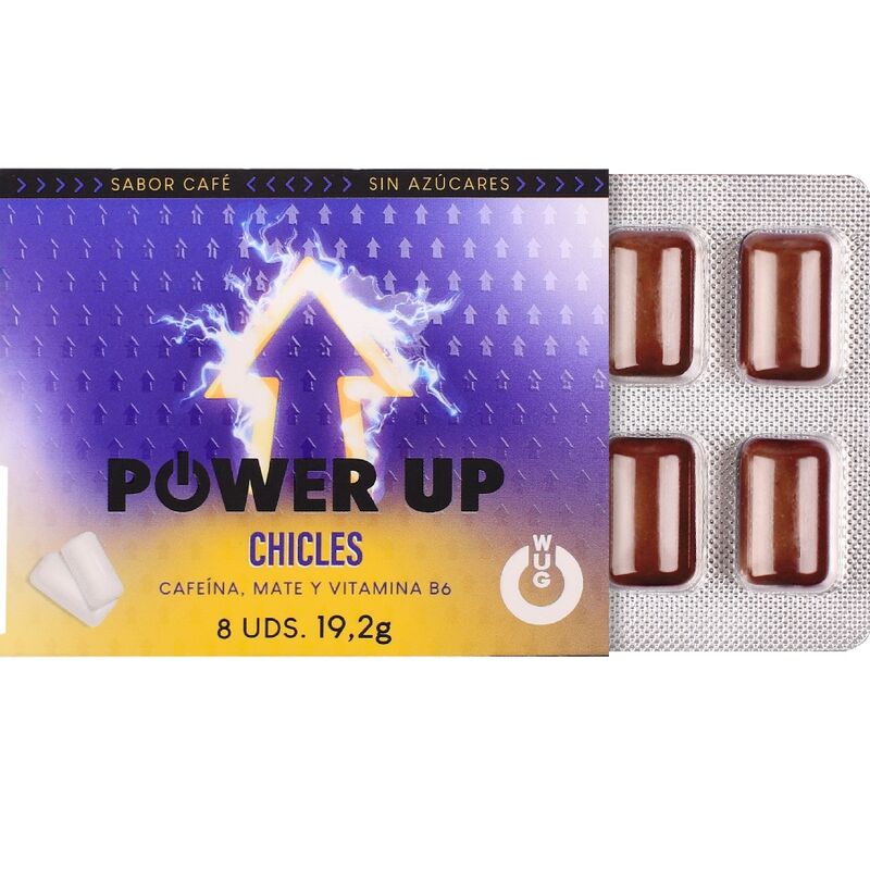 WUG POWER UP – Chewing-gum fonctionnel à la caféine et au café, blister de 8 pièces